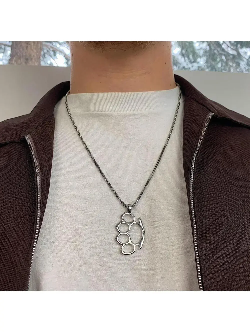 Cyber Grunge y2k Brass Knuckle Stainless Steel Silver Necklace. Chain is unisex.